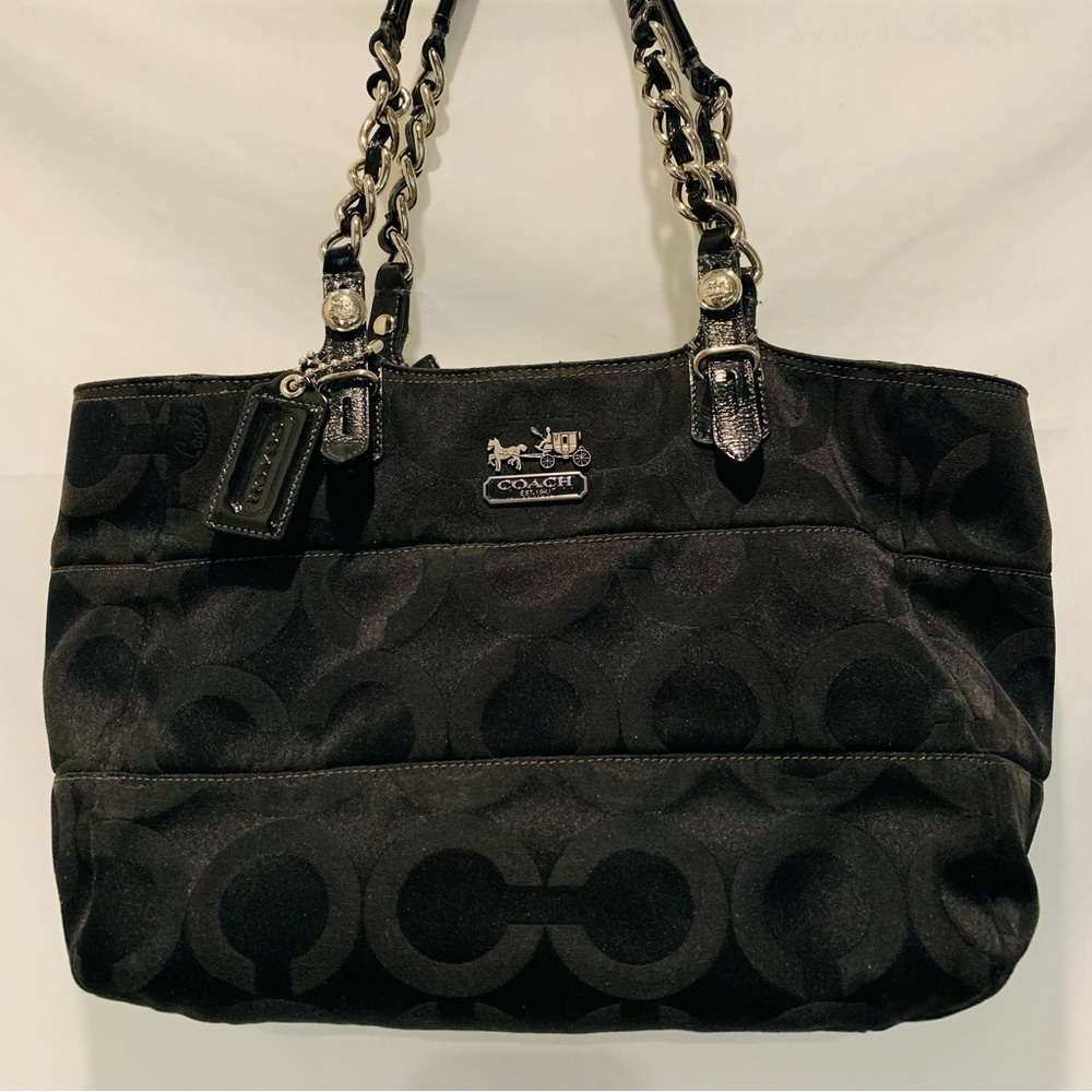 Coach Black Madison Logo Bag Sateen Patent Handles 14133